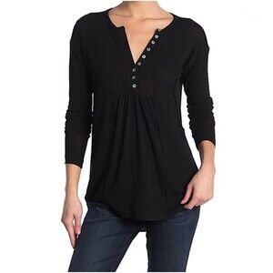 Sweet Romeo Women's Size XS Henley Neck Long Sleeve Ribbed Uneven Top Tunic navy